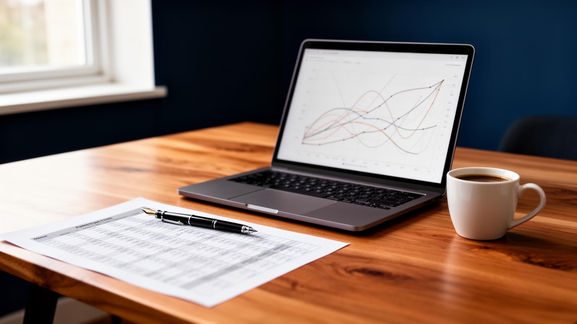 Analytical workspace with charts and a printed spreadsheet