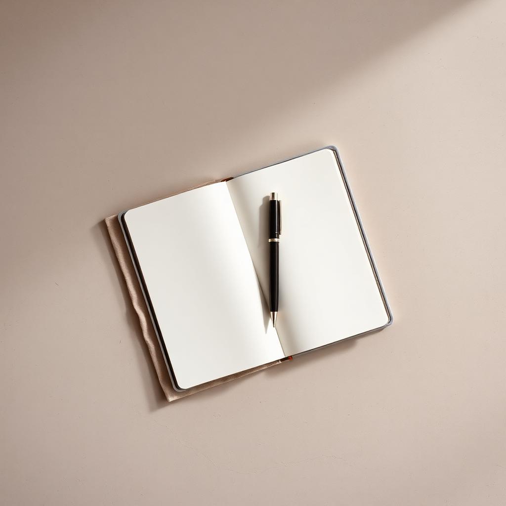 Minimalist still-life of an open notebook and pen